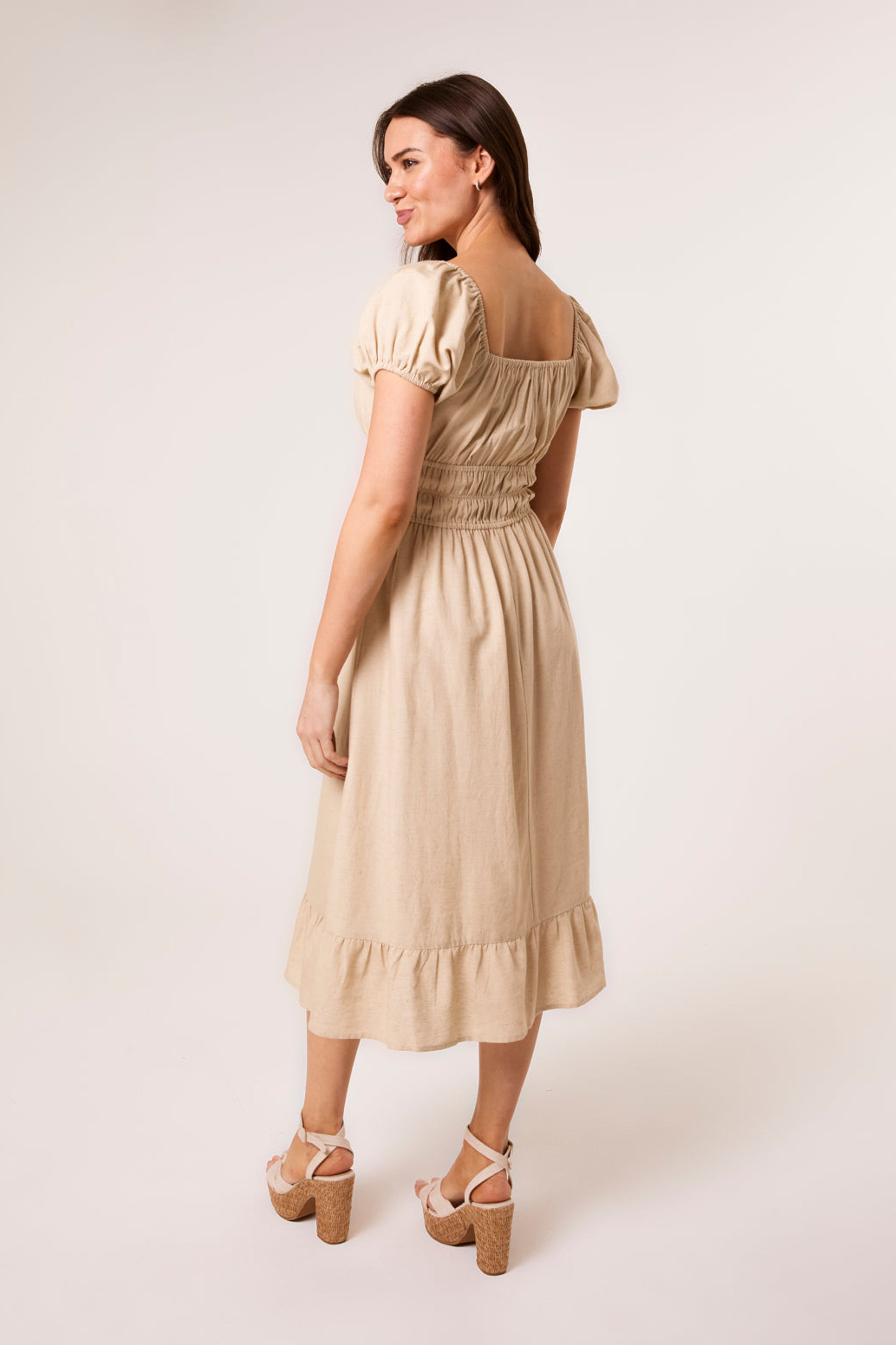 Blue Vanilla Stone Puff Sleeve Shirred Panel Dress