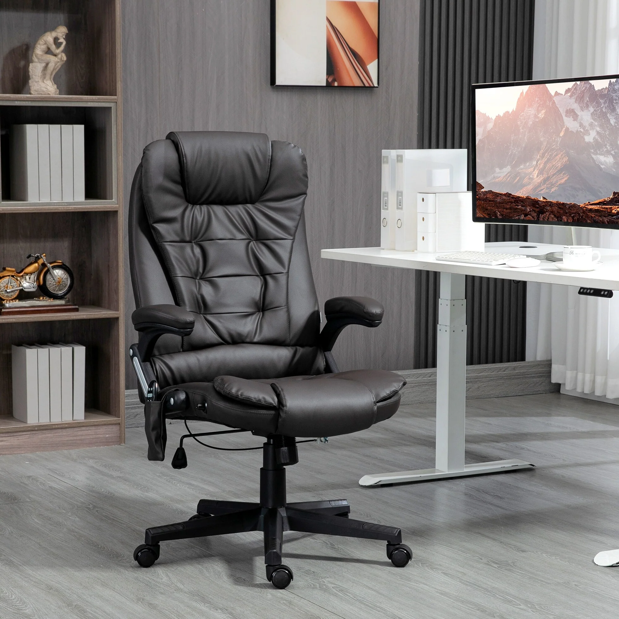 Black PU Leather 360° Swivel High Back Office Recliner with Vibration Massage, Lumbar Heating, and Adjustable Height