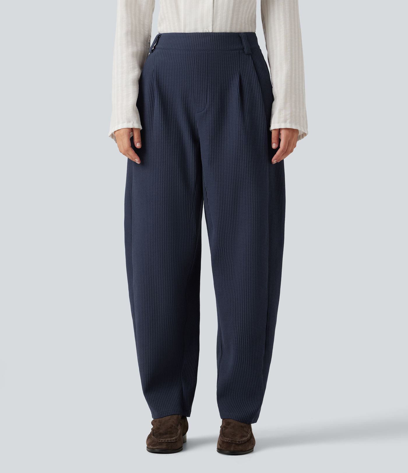 Pantalon gaufré taille mi-haute coupe barrel avec poches