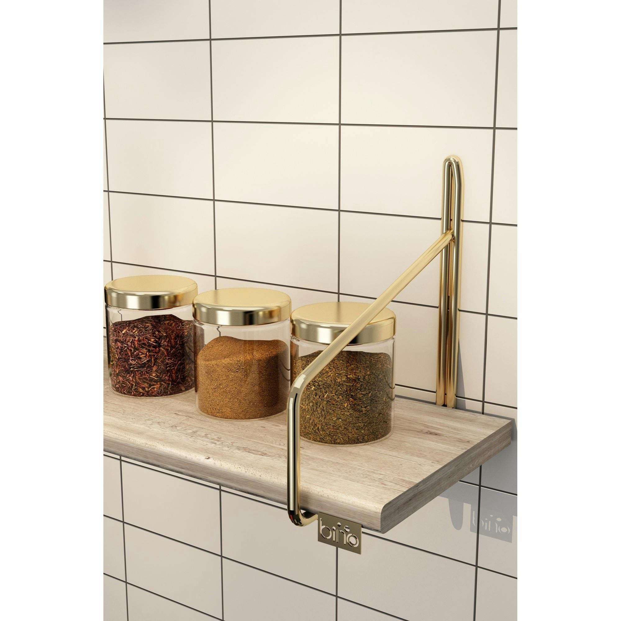 Étagère murale cuisine - bois clair, supports dorés AVIALA