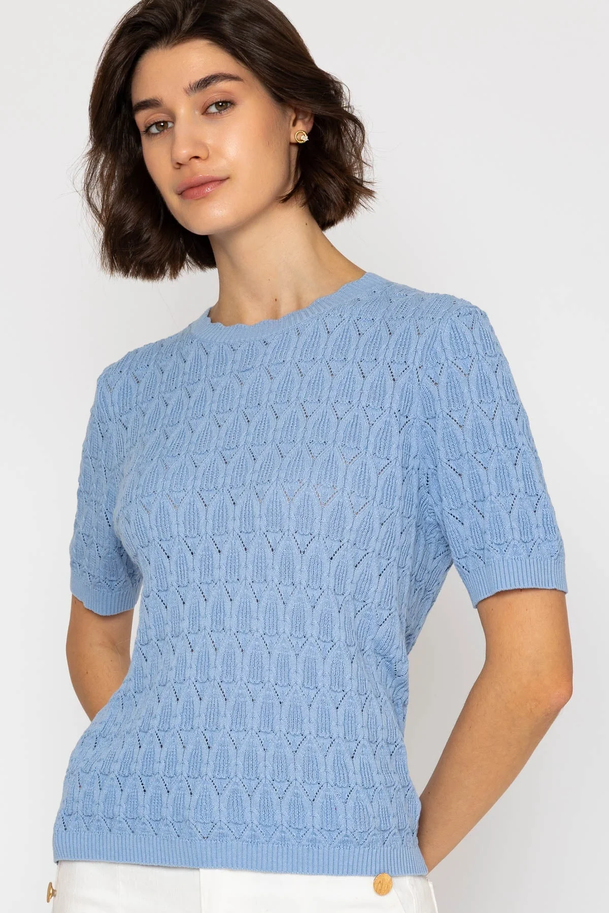 Blue Pointelle Knit Short Sleeve Top