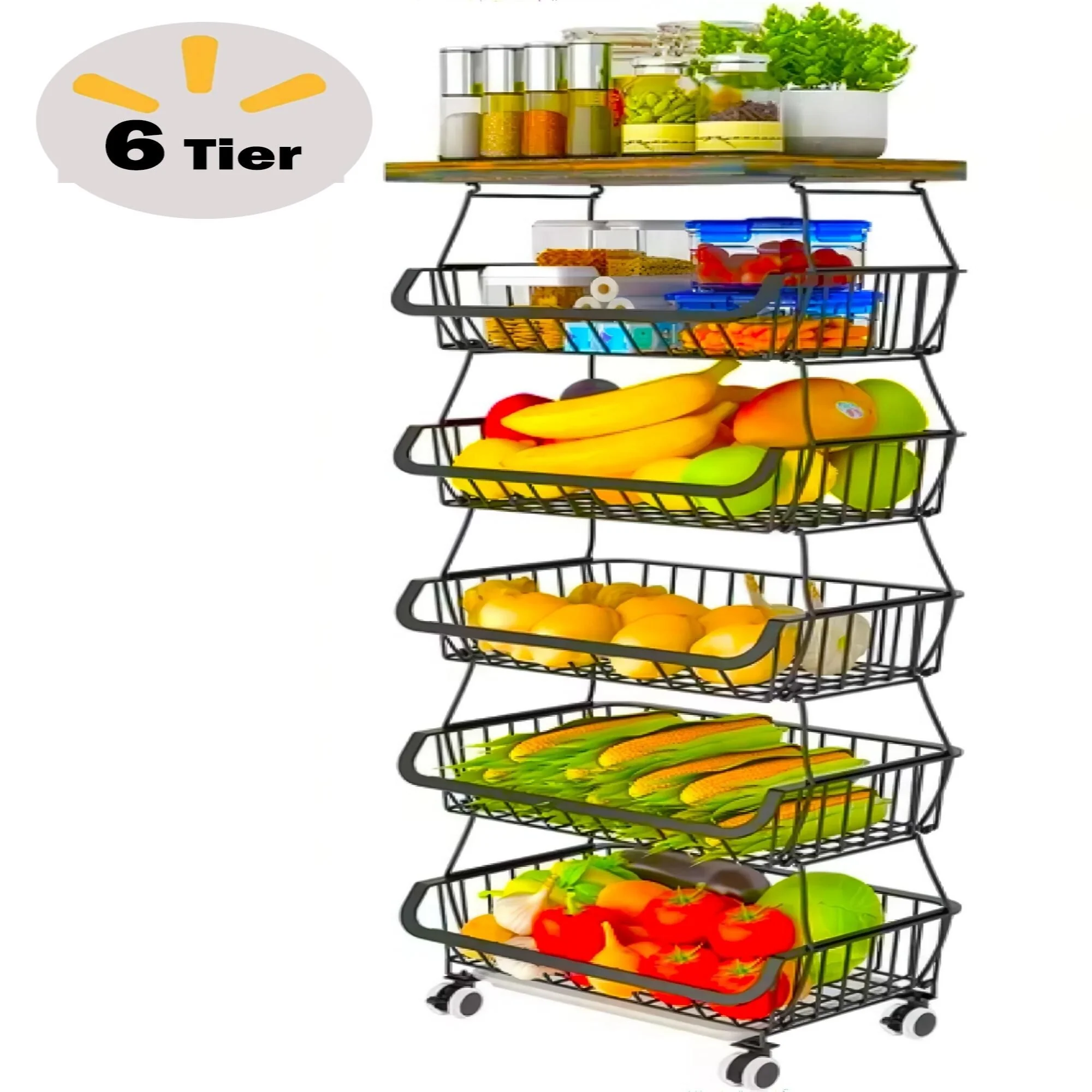 5/6-Tier Stackable Fruit Basket, Rolling Metal Cart with Wheels