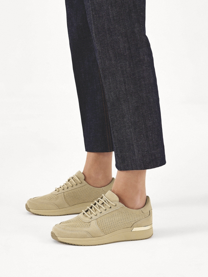 Beige perforated suede sneakers