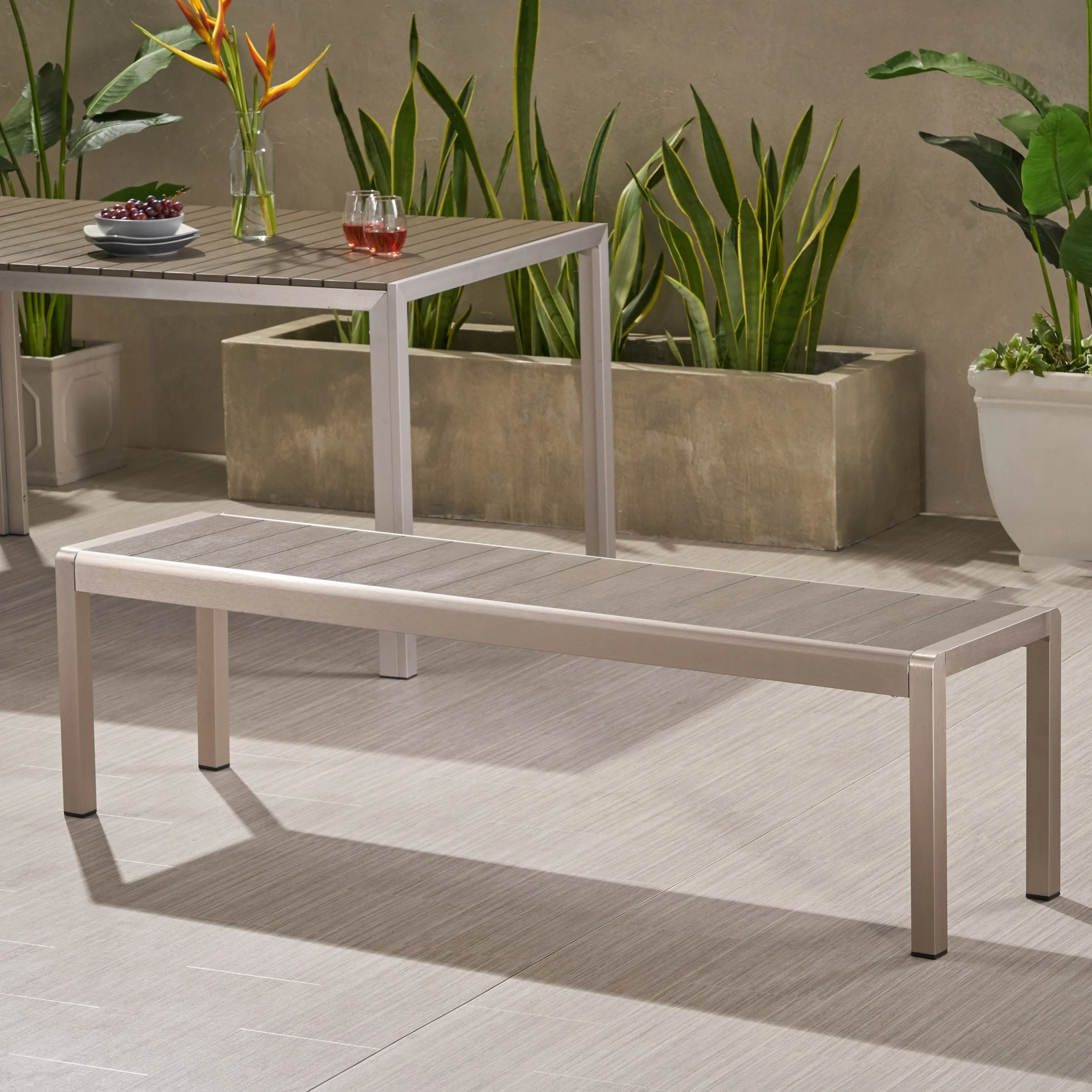 Cape Coral Outdoor Modern Aluminum Dining Bench with Faux Wood Seat by Christopher Knight Home