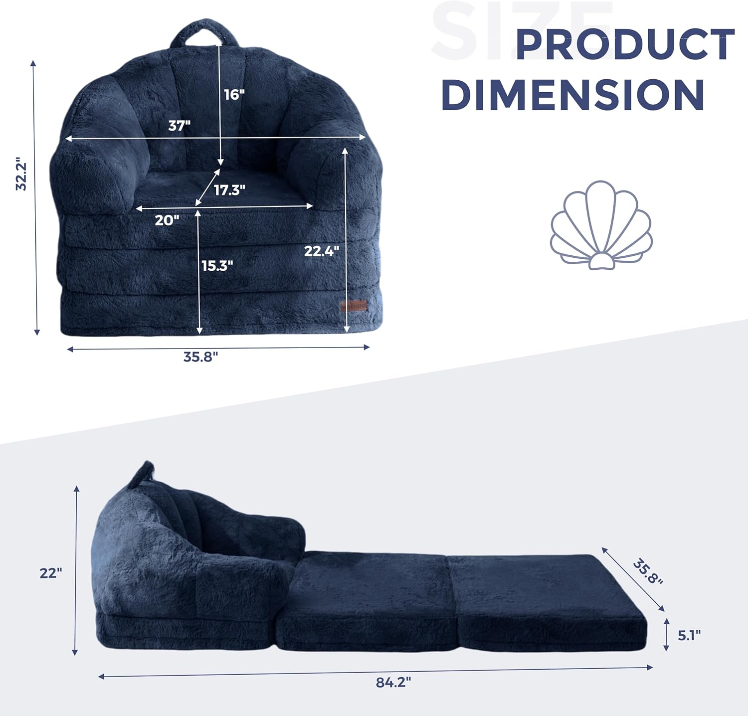 MAXYOYO Folding Sofa Bed, 2 in 1 Convertible Sofa to Lounger Comfy Single Bean Bag Chair for Adults, Floor Sleeper Couch with Handle, Faux Fur Couch Bed for Living Room Bedroom, Navy