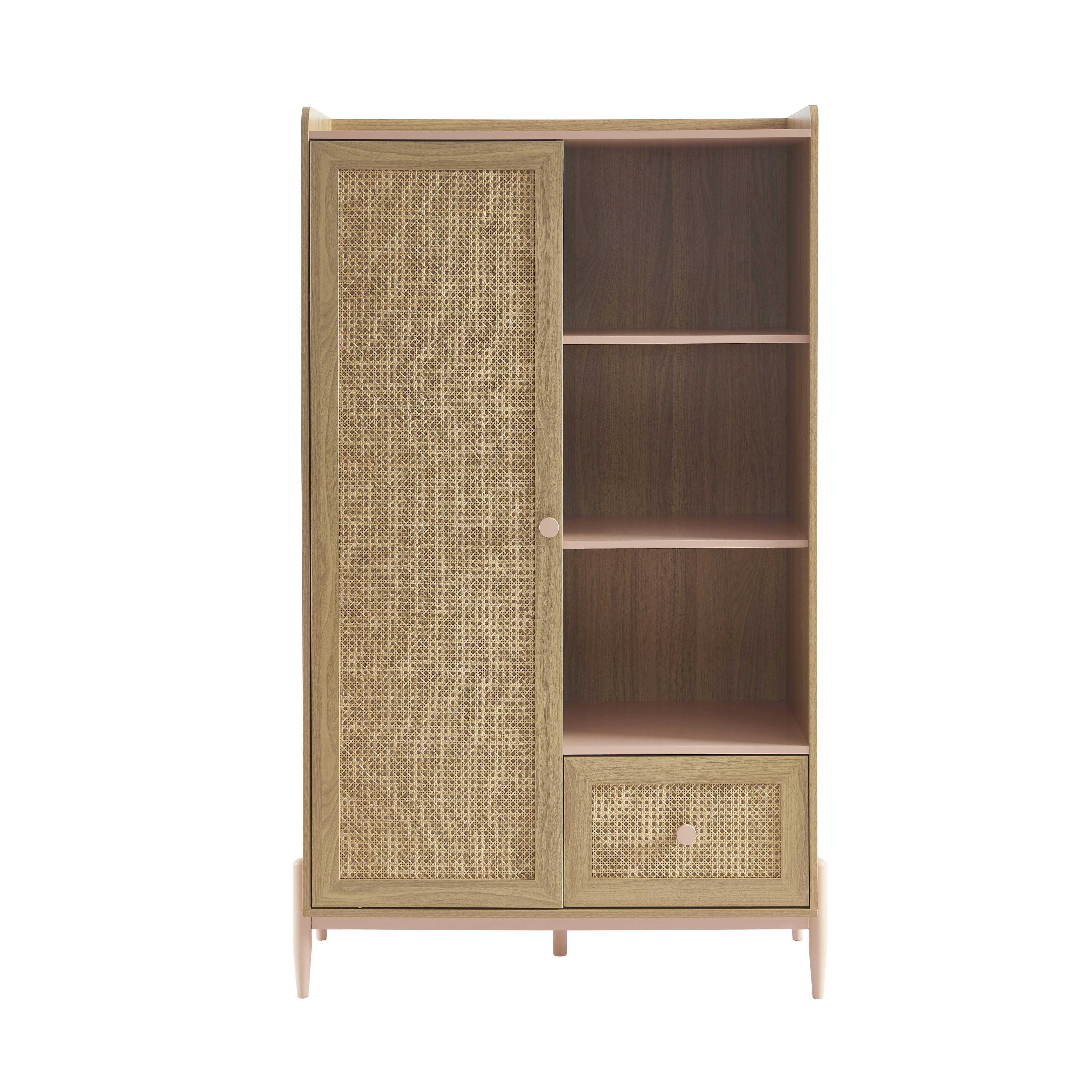 PABLO - Armoire  rose et cannage rotin 1 porte et 1 tiroir