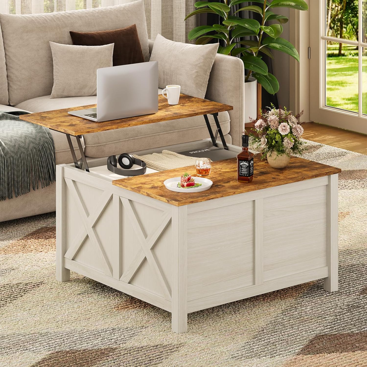 Lift Top Coffee Table with Storage, 31.5 Farmhouse Coffee Tables with Wooden Lift Tabletop and Hidden Compartment Square Center Table for Living Room, Home Office Small Space, White