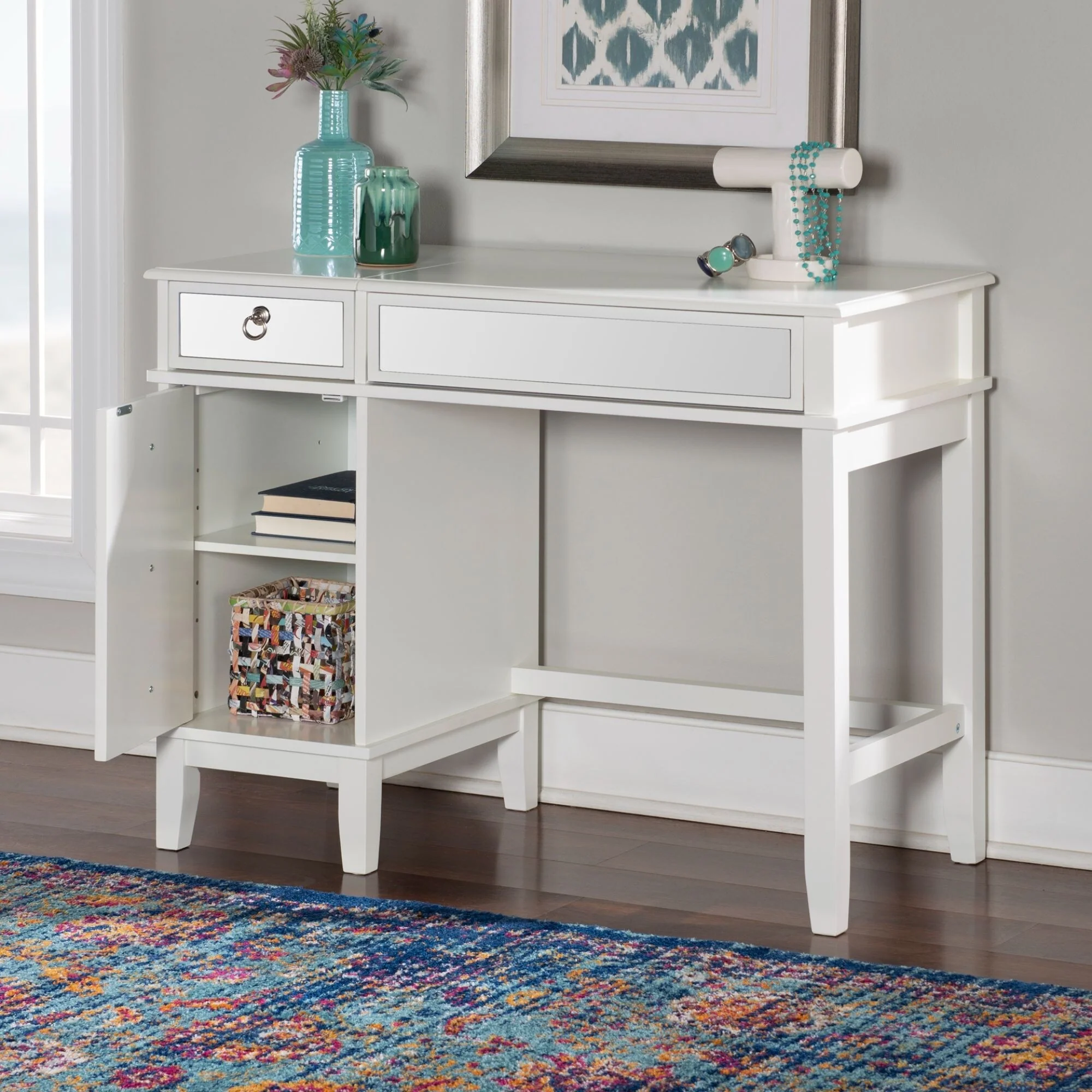 38 White Solid Vanity Set with Mirror and Stool