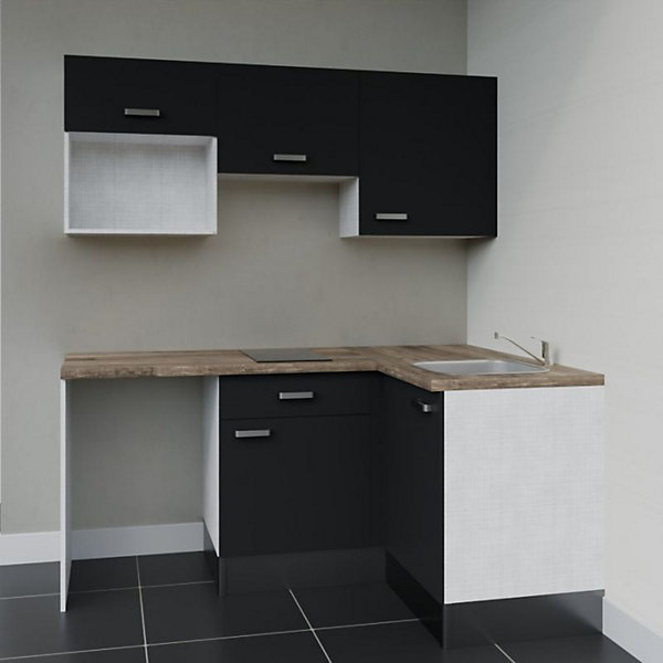 Kitchenette KA03 - 128 cm - Façades : Noir - Plan de travail : Bois - Crédences : Non - Evier