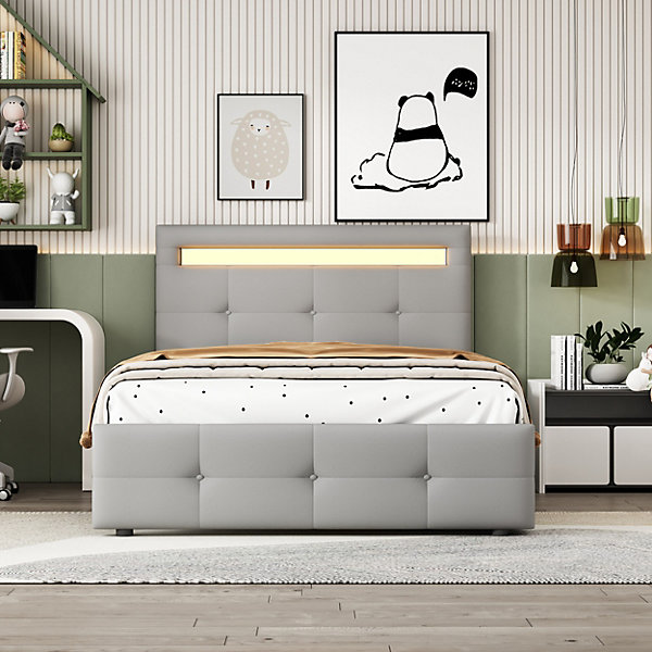 Lit Simple 90x200 cm - avec 2 Tiroirs et éclairage LED, Lit Confortable en Lin Gris, Rangement Sous Le Lit, Sans Matelas
