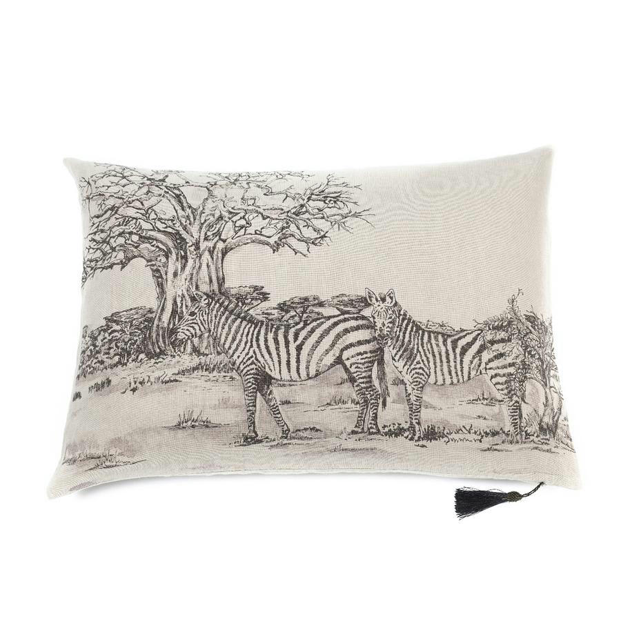 ORIENT EXPRESS - Coussin en lin pur lavé Toile de Jouy Zèbre Beige noir  50x70