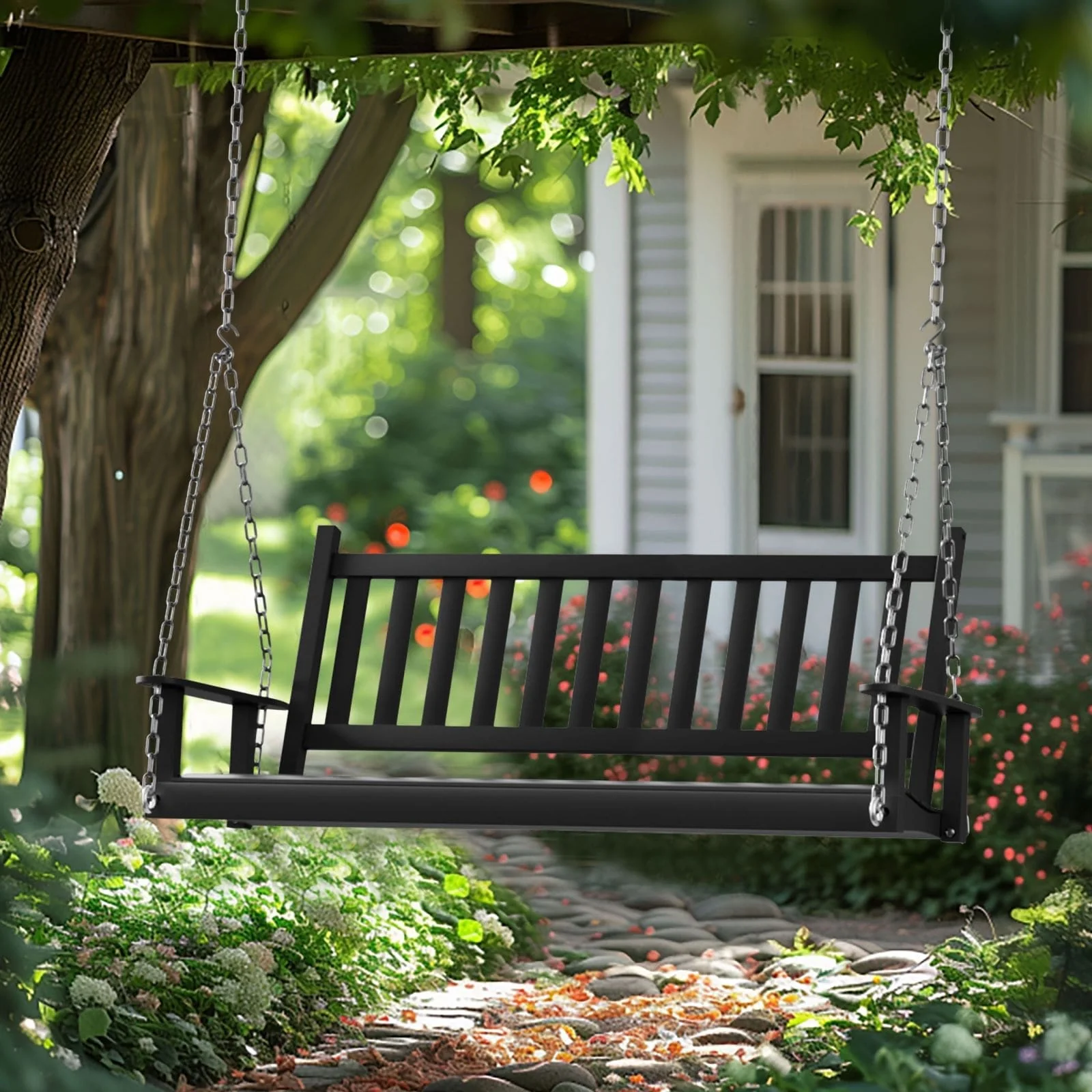 VEIKOUS Outdoor 5ft Wooden Hanging Patio Porch Swing for 3 Person with Chains