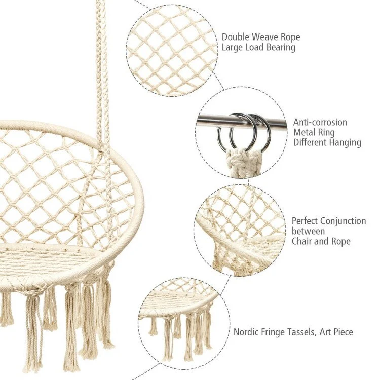 Handwoven Cotton Macrame Hammock Chair with 330lb Capacity, Includes Metal Hoops and Fringe Tassels