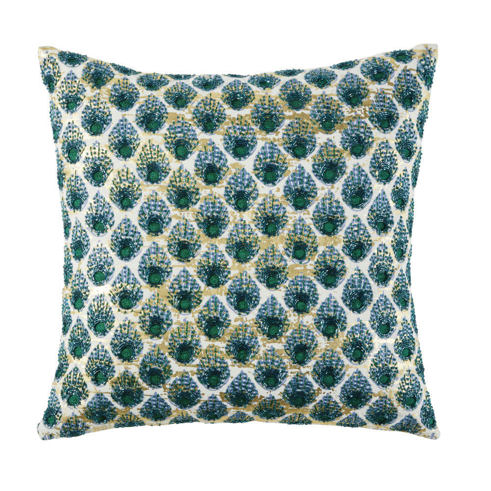 BORNEO - Coussin en coton beige motifs graphiques verts et dorés 45x45