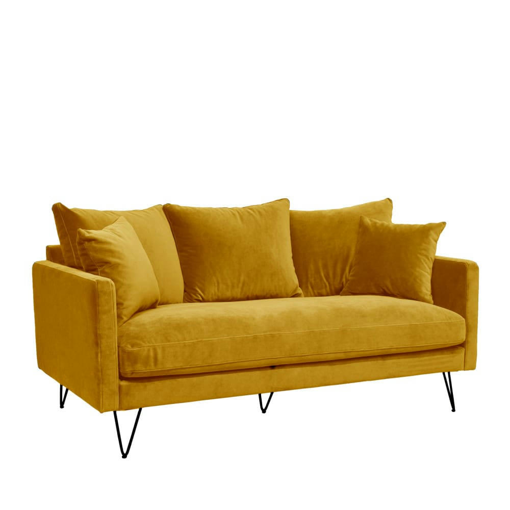 VILLABON - Canapé 3 places en velours pieds épingles noirs jaune moutarde