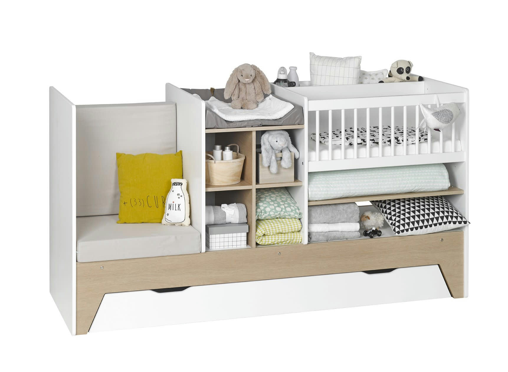 PALME - Lit bébé évolutif 3 en 1 Blanc et Chêne