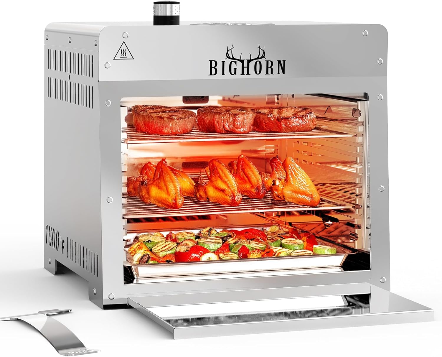 BIG HORN OUTDOORS 1500°F Small Infrared Propane Gas Grill – Portable Steak Broiler & Sear Station  Outdoor Salamander BBQ with Pizza Stone  Stainless Steel