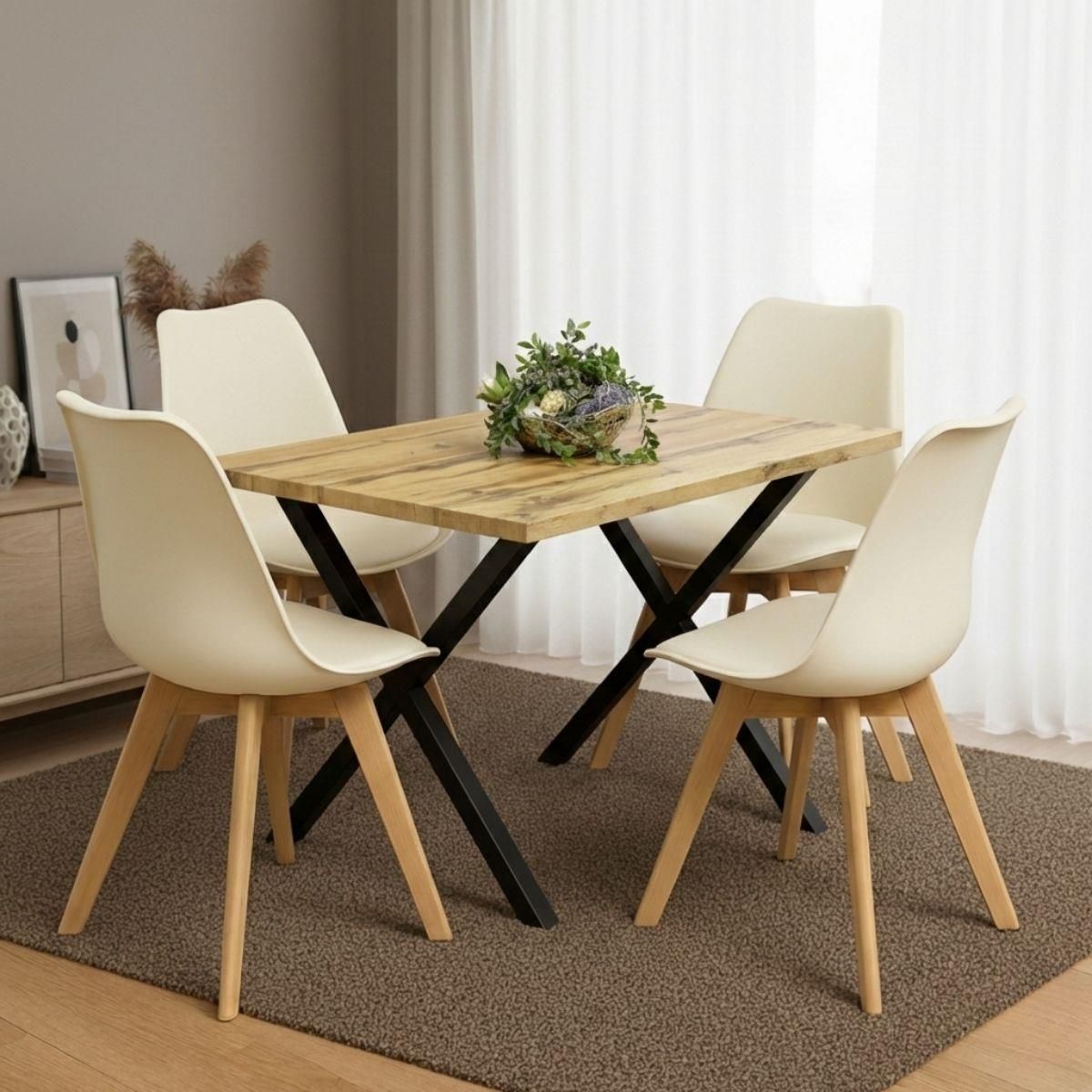 KOSY KOALA Dining Table Set of 4 Cream Plastic Chairs with Faux Leather Seats