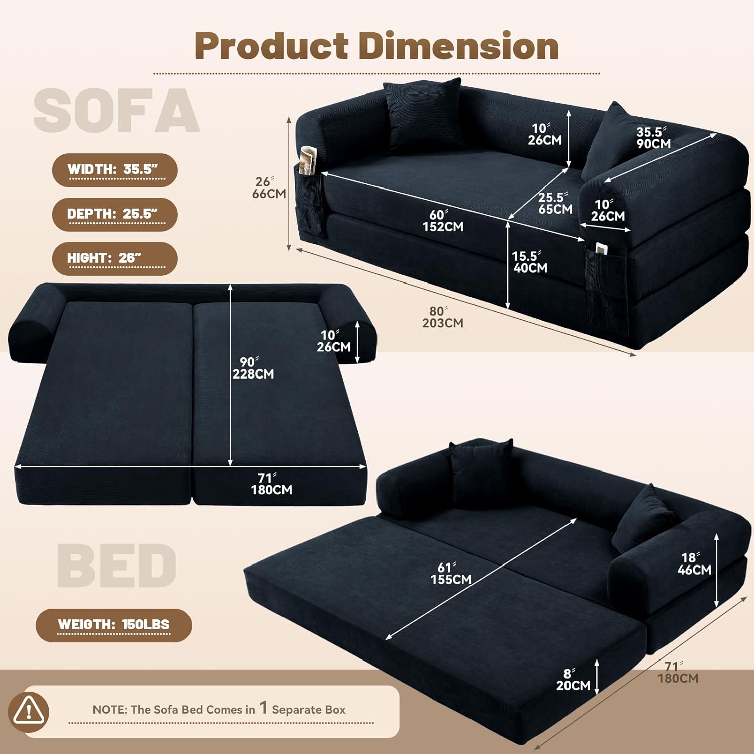 Convertible Futon Sofa Bed,80 Folding Pull Out Couch Bed with Storage,Queen Sleeper Sofa Bed,Compressed Couch in a Box,Corduroy Boneless Couches for Living Room,Deep Blue