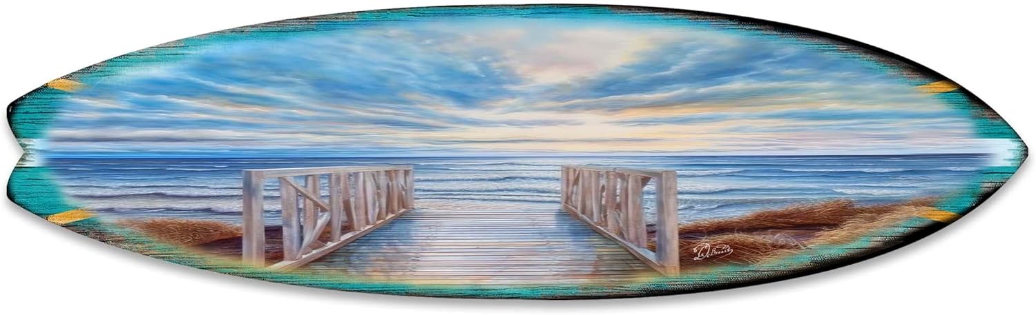 48-inch Wooden Pier Surfboard Wall Art, Handcrafted Coastal Holiday Décor by G. Debrekht