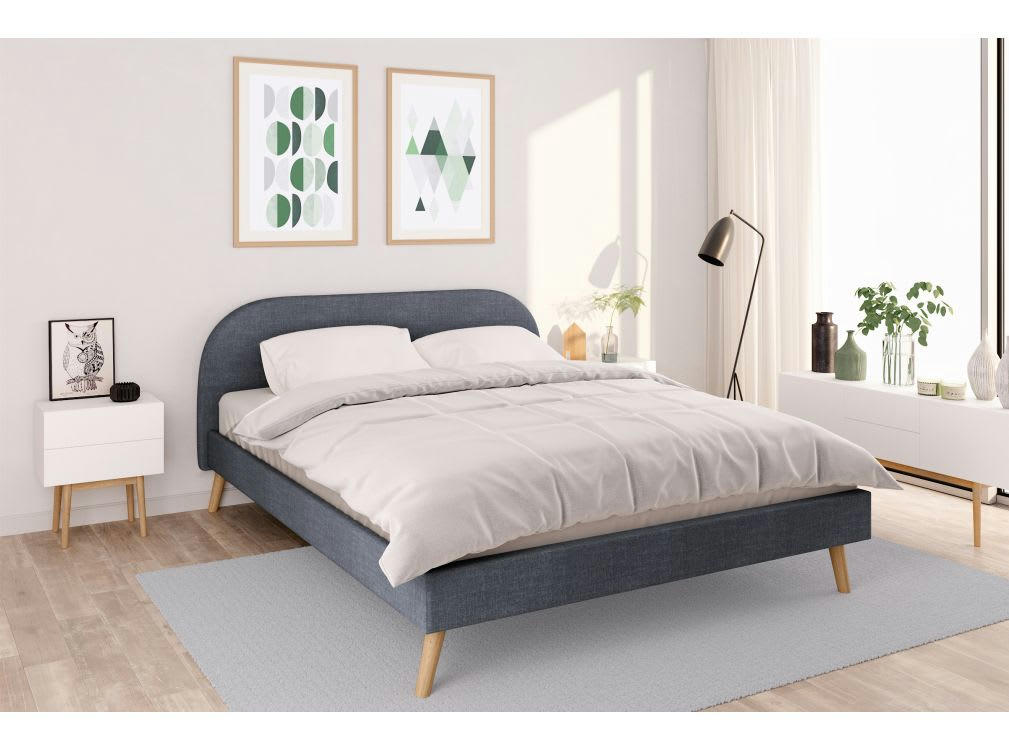 MOBY - Cadre de lit avec sommier à lattes en tissu - Gris - 160 cm