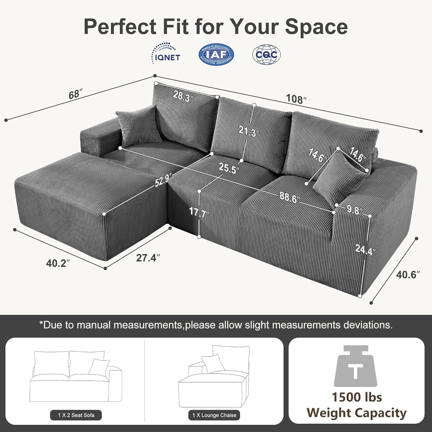 108 Modular Sectional Sofa, Compression Sofa with Deep Seat, Modular L-Shape Couch with Chaise, Upholstered Couches for Living Room Bedroom, No Assembly Required (Grey Corduroy, 108 L Shape)