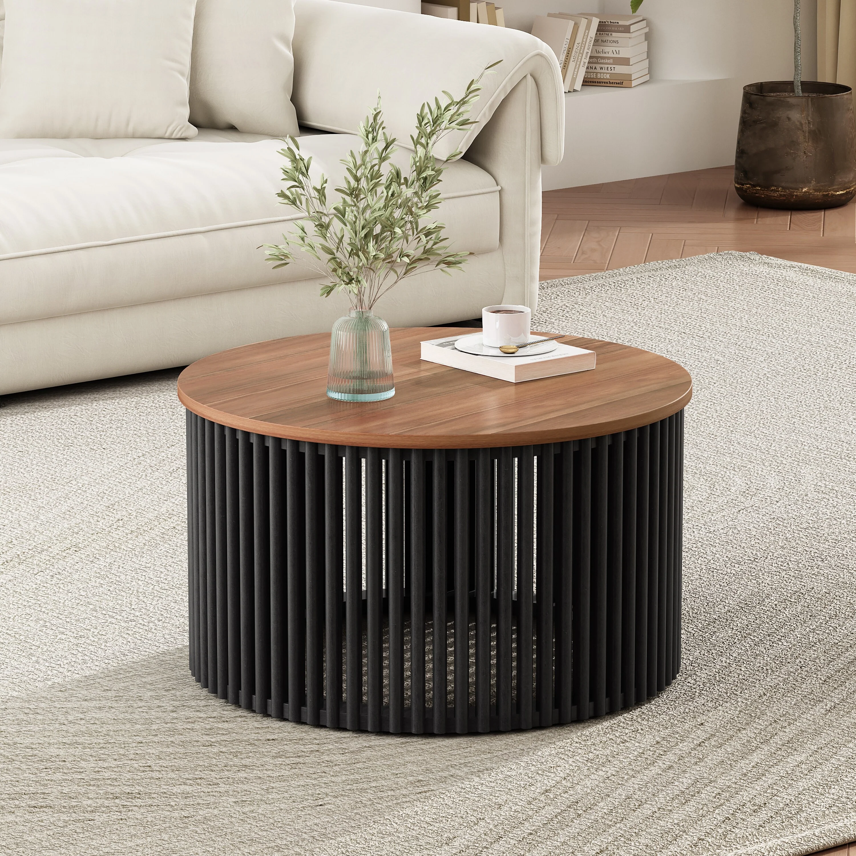 Acacia Solid Wood Coffee Table, Durable Acacia Solid Wood Frame, Brown & Black Color
