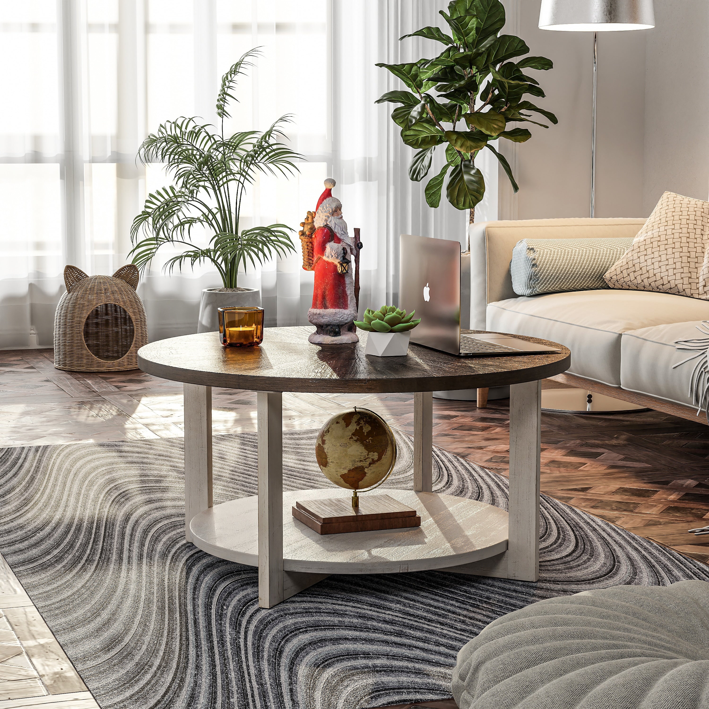 COZAYH Farmhouse Coffee Table with Storage Shelf, Rustic Round Country Accent Table with Stunning Radial Pattern, End table