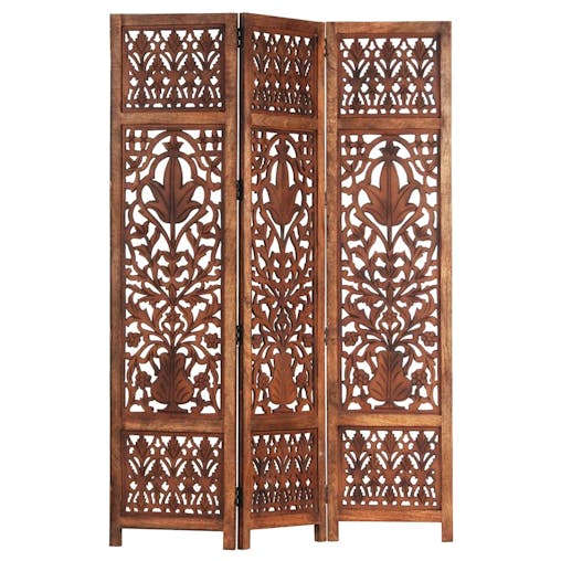 NNEVL Hand Carved 3-Panel Room Divider Brown 120x165 cm Solid Mango Wood