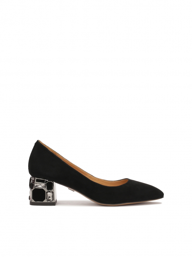 Suede low pumps with embellished heel