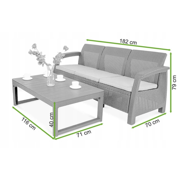 Zestaw Mebli Ogrodowych CORFU Keter Stolik Kawowy LYON Sofa 3os RATTAN