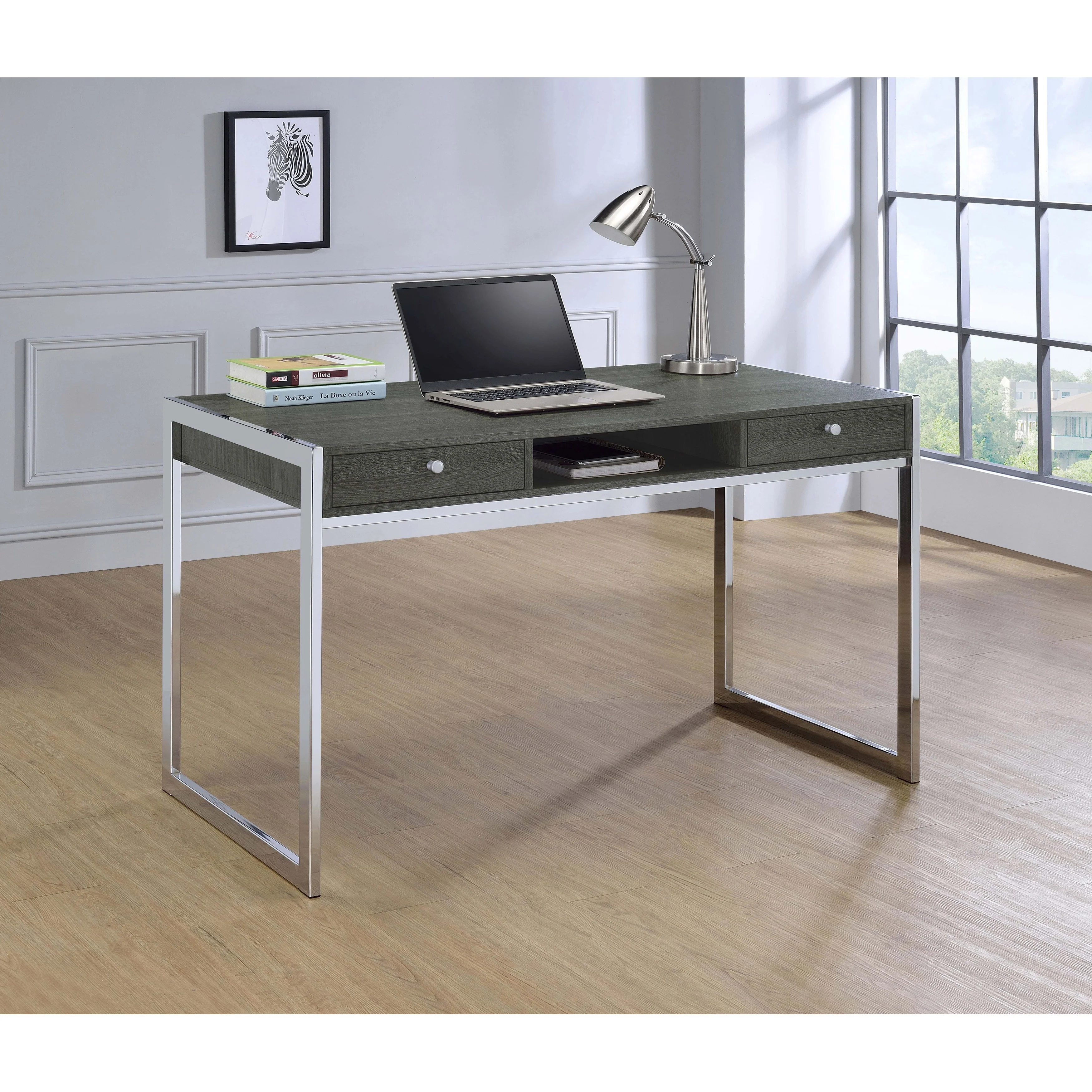 Weathered Grey and Chrome 2-drawer Writing Desk