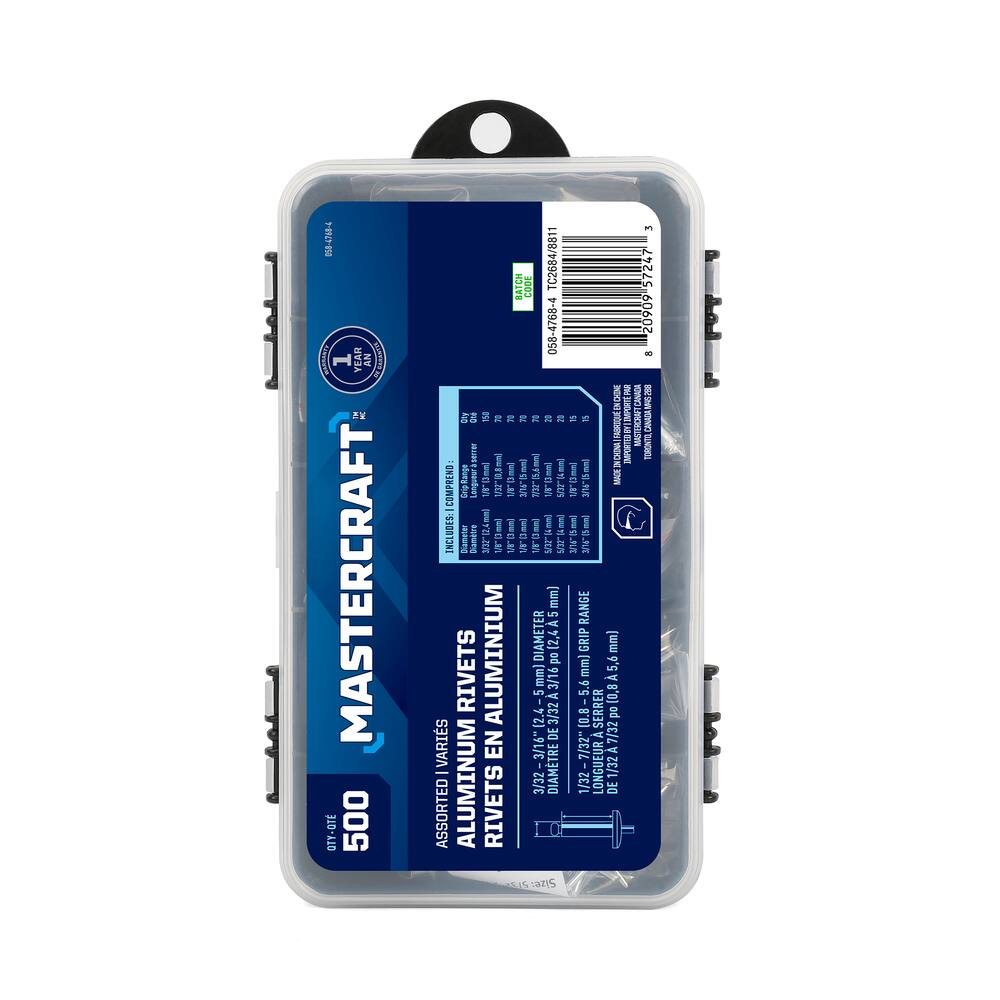 Mastercraft Aluminum Rivet Assortment, Multiple Sizes, 500-pc