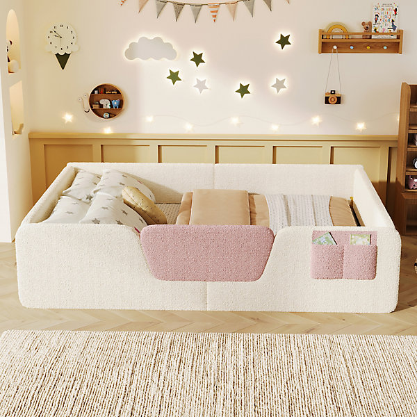 Lit Double 140x190 cm - avec Garde-Corps Amovible et Poche de Rangement - sans Matelas - Velours - Beige