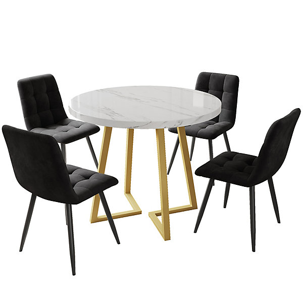Ensemble table et chaises 80x75 cm, 4 chaises en velours, table ronde plateau MDF marbre et pieds métal doré
