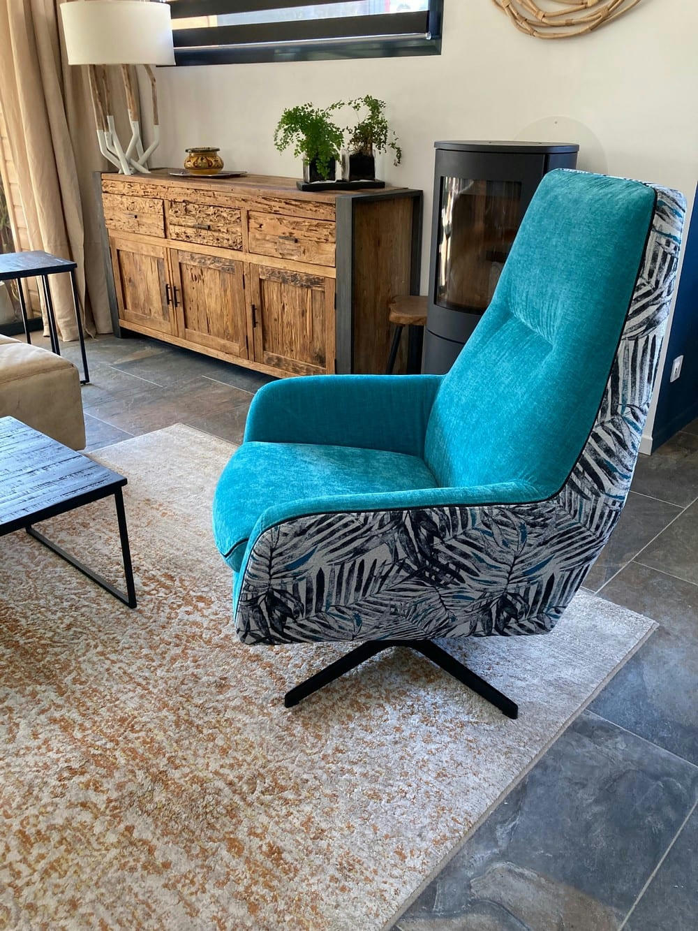 JUNGLE - Fauteuil bicolore tissu imprimé et velours Turquoise