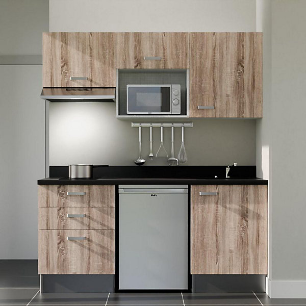 Kitchenette K20 - 180 cm - façades Bois - Plan monobloc en quartz coloris Nero évier à droite - Electroménager Inox