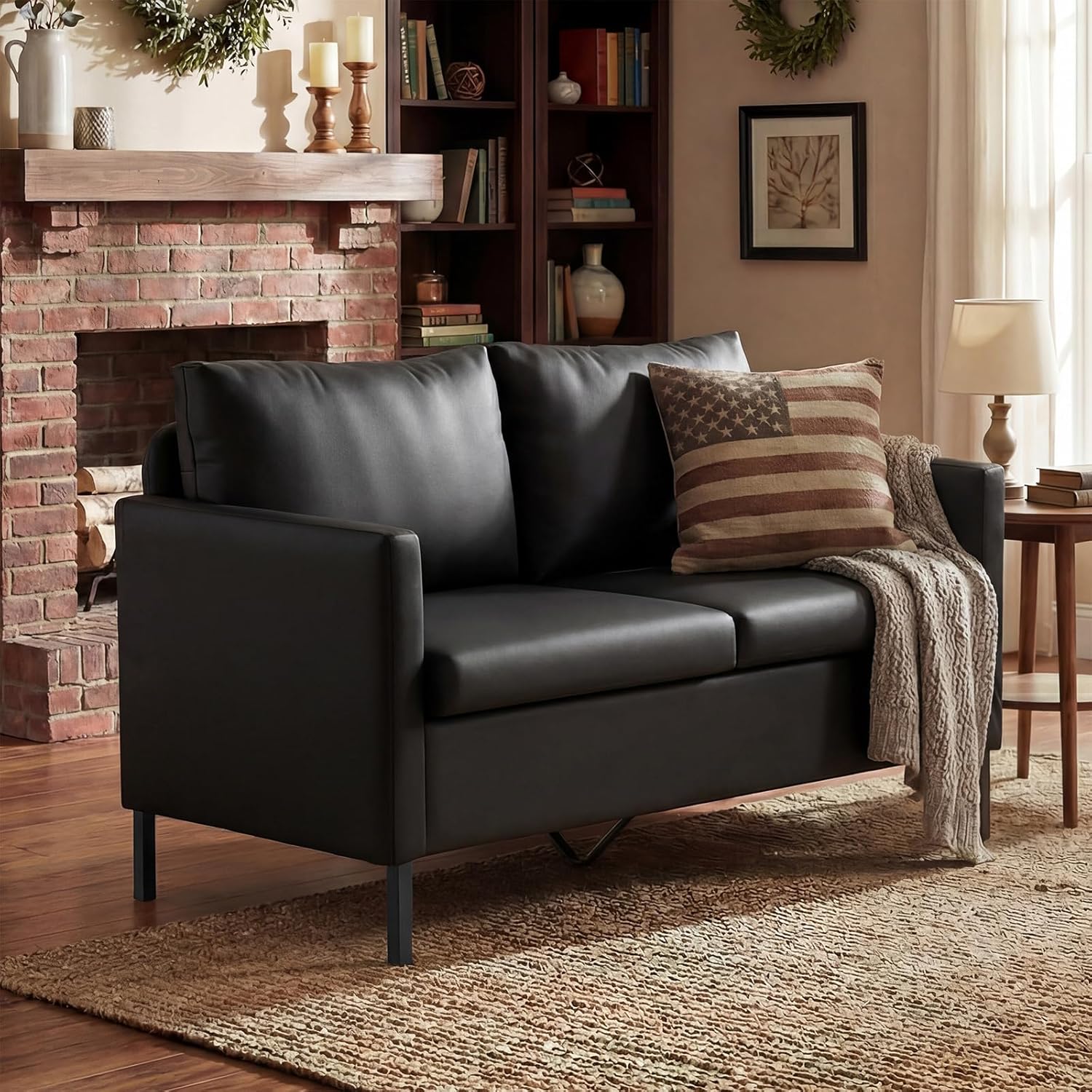 TYBOATLE Faux Leather Modern Small Couches for Small Spaces, Comfy Upholstered Love Seat for Bedroom, 2 Seater Mini Couch for Apartment, Dorm, Office, Black