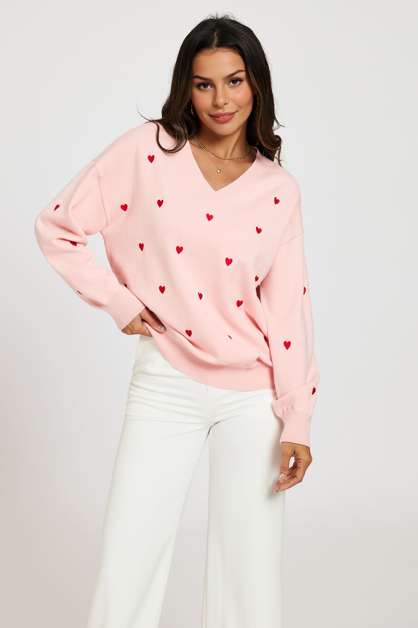 FS Collection Embroidery Heart V-Neck Knitted Jumper