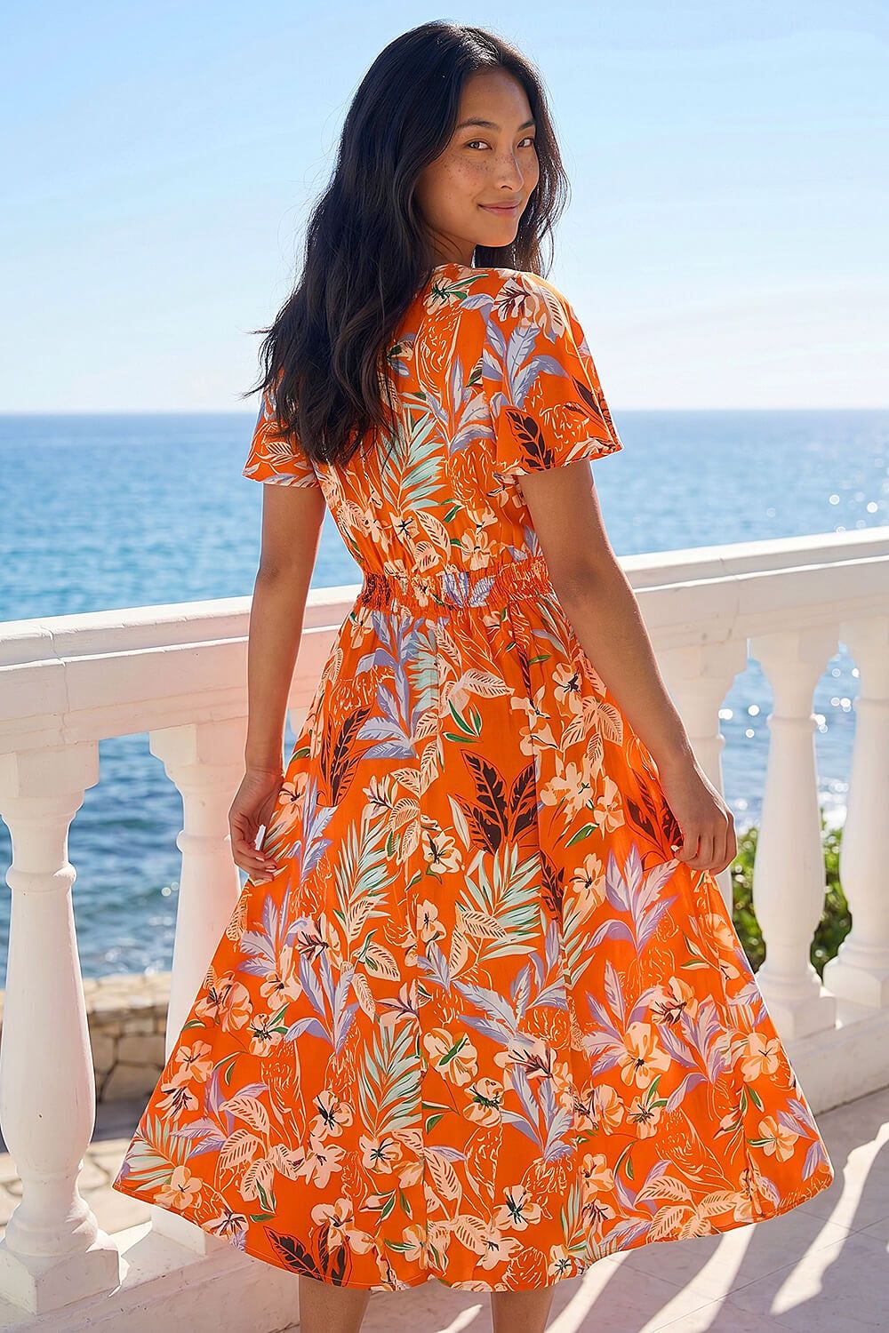 Roman Petite Leaf Print Shirred Midi Dress
