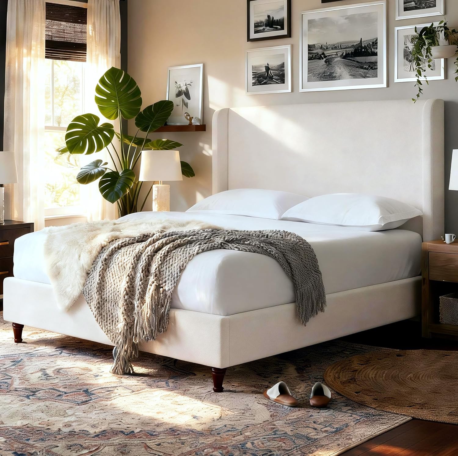 Harper 54 Extra-Tall Headboard Bed Frame - Modern Wingback Upholstered Platform Bed, 1000lbs Heavy Duty Support, Textured Chenille, No Box Spring Needed (Cream White King U.S. Standard)