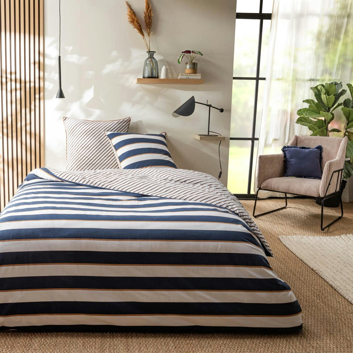 NOLWENN - Parure de lit 2 personnes coton  imprimé bleu 240x220cm