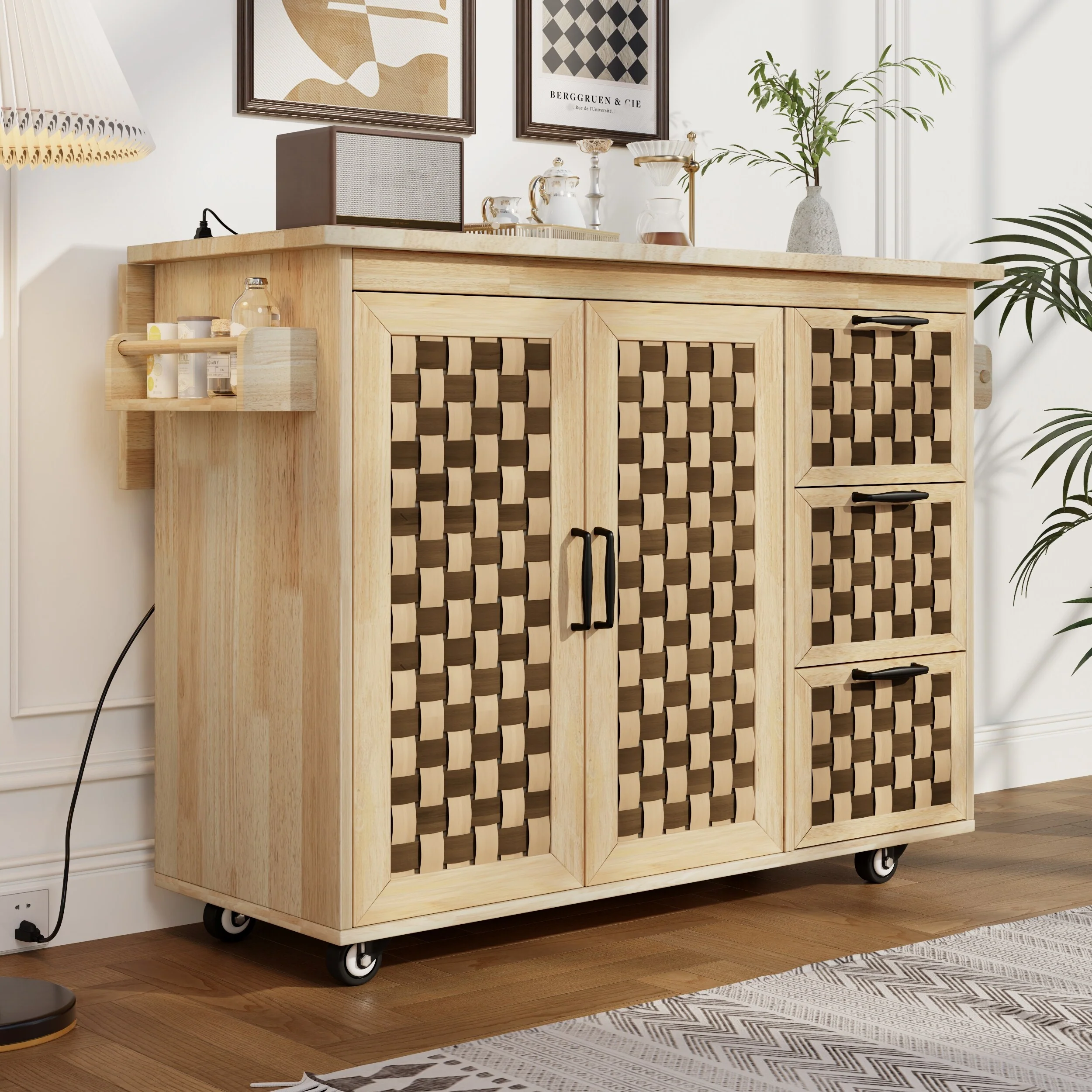 53.2W 3D Woven Checkerboard Pattern Design Kitchen Island With Drop Leaf(no include stool)