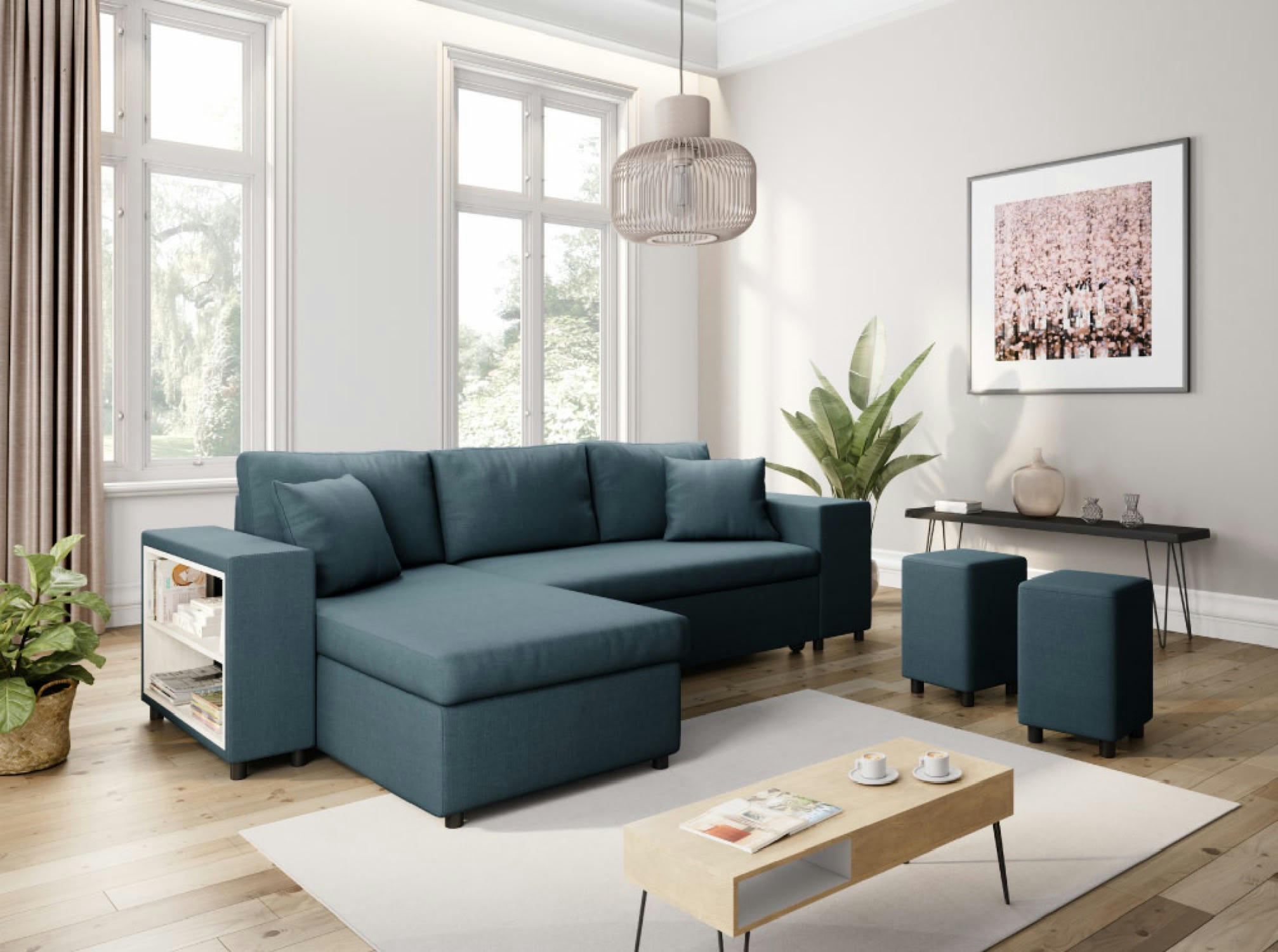 MADY - Canapé d'angle convertible bleu avec rangement poufs à droite