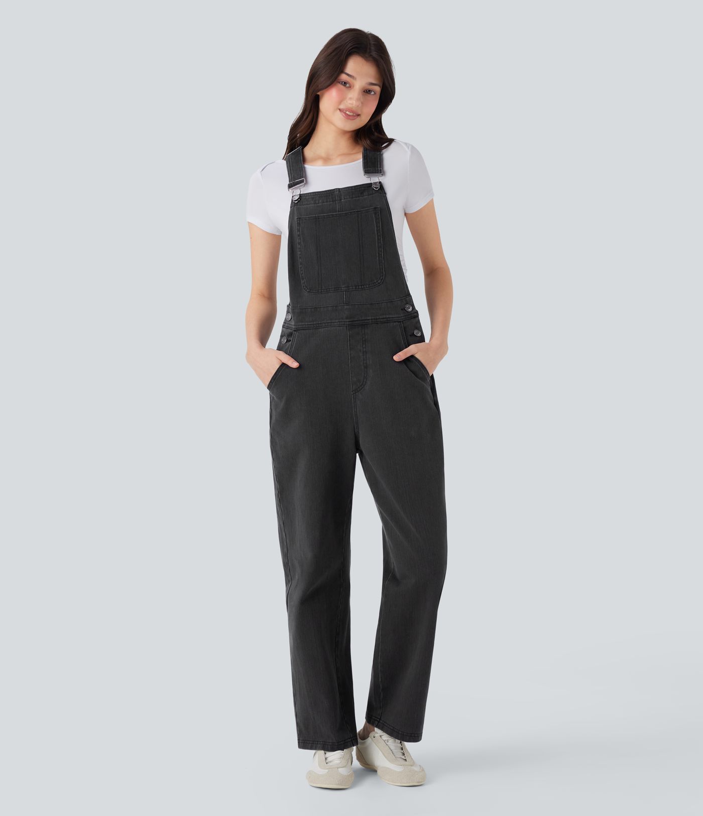 Salopette casual denim Halara Flex™ jambe droite maille extensible avec boutons et multiples poches