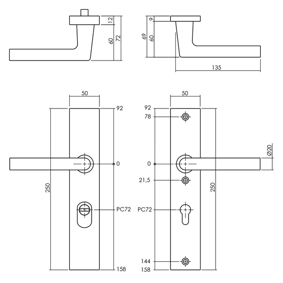 Schutzbeschlag, Kernziehschutz PZ 72 mm eckig Drücker/Drücker