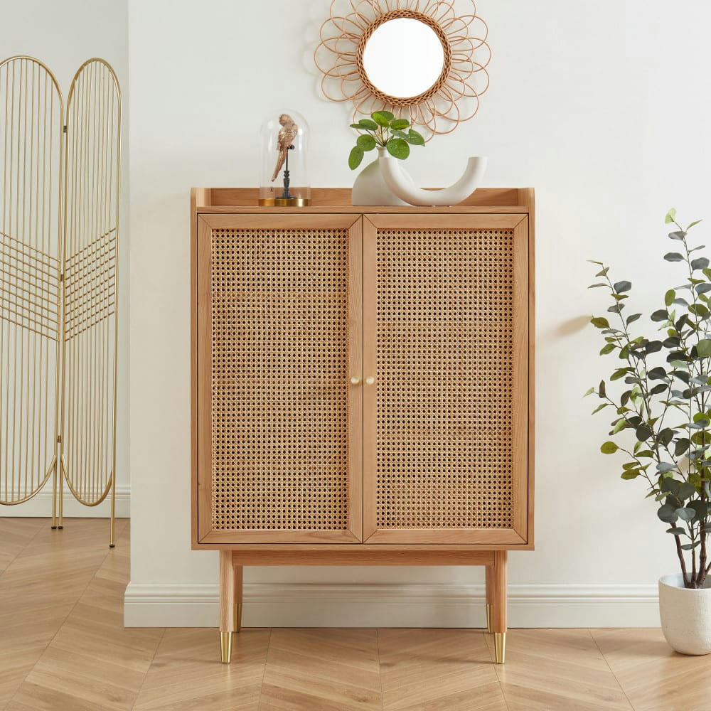 LEON - Buffet haut   chêne et cannage rotin  90cm