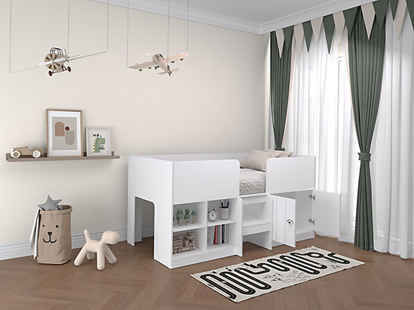 Lit mi-hauteur 90 x 190 cm avec rangements - Coloris : Blanc - BOUTANIO