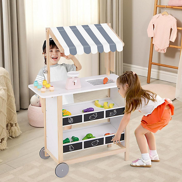 Chariot à Crème Glacée en Bois pour Enfants, Stand de Marché Fermier avec 6 Cornets de Crème Glacée, Sonnette et échelle, Blanc