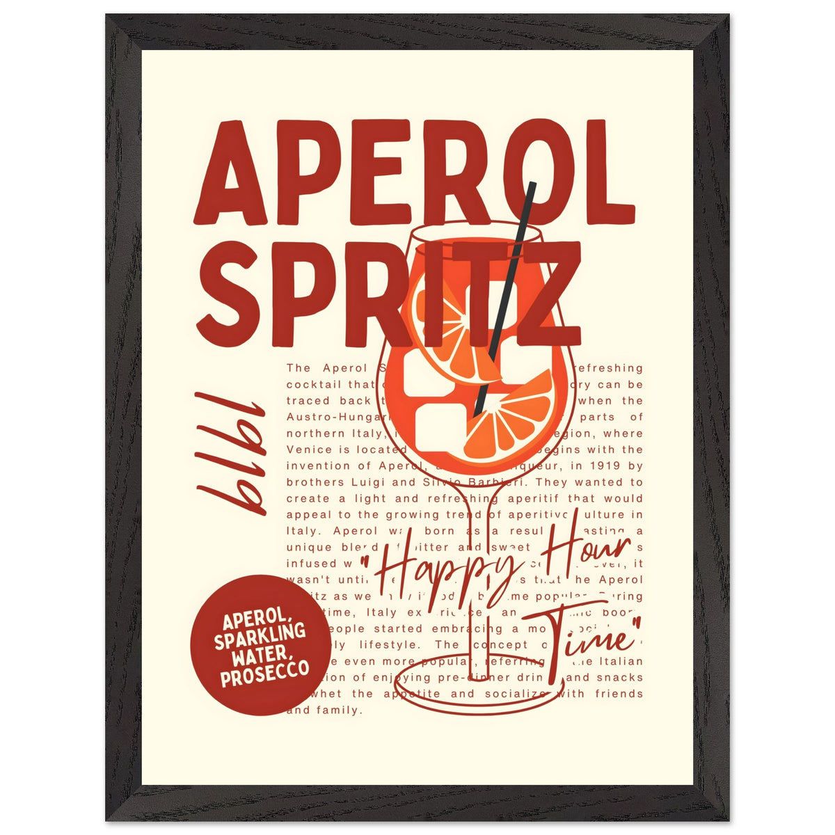 Artfulprints Poster met Lijst Aperol Spritz - Happy hour  - 30x40 cm - Rood